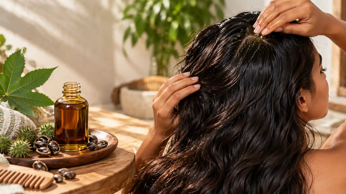 Woman applying castor oil to her scalp as part of a hair care routine