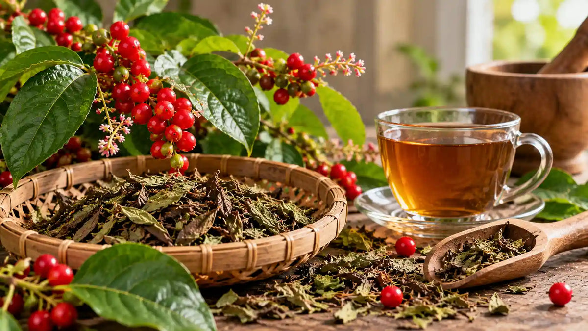 Dog blood bush benefits, Rivina humilis plant with red berries and herbal tea